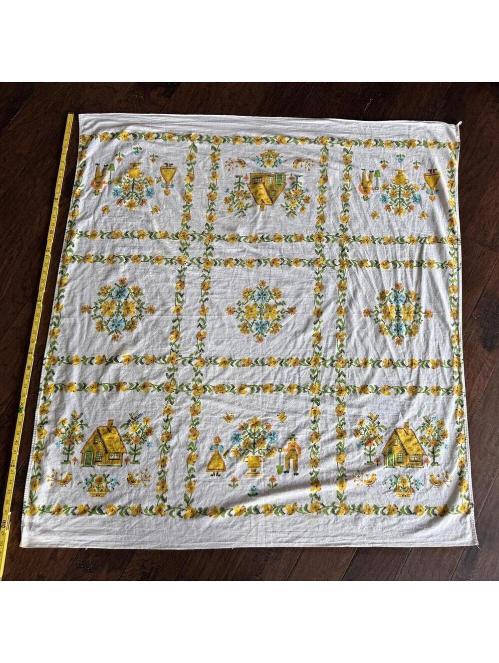 Vintage 60s / 70s Cross Stitch Print Linen Tablecloth Cottage Garden 51” Square